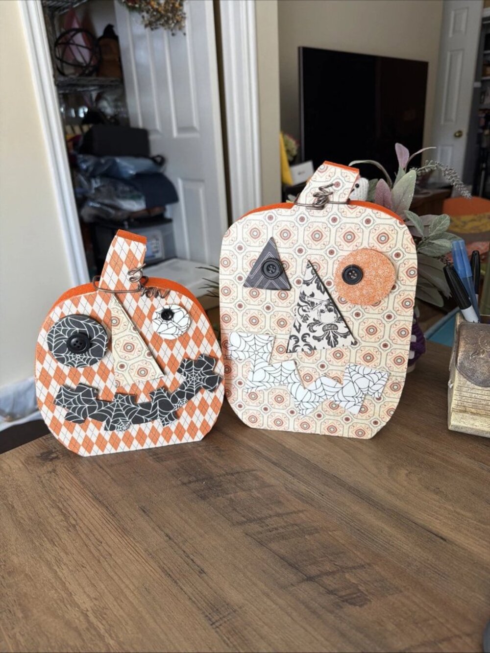 Handmade Wooden Jack O' Lantern Tabletop Decorations - Set of 2